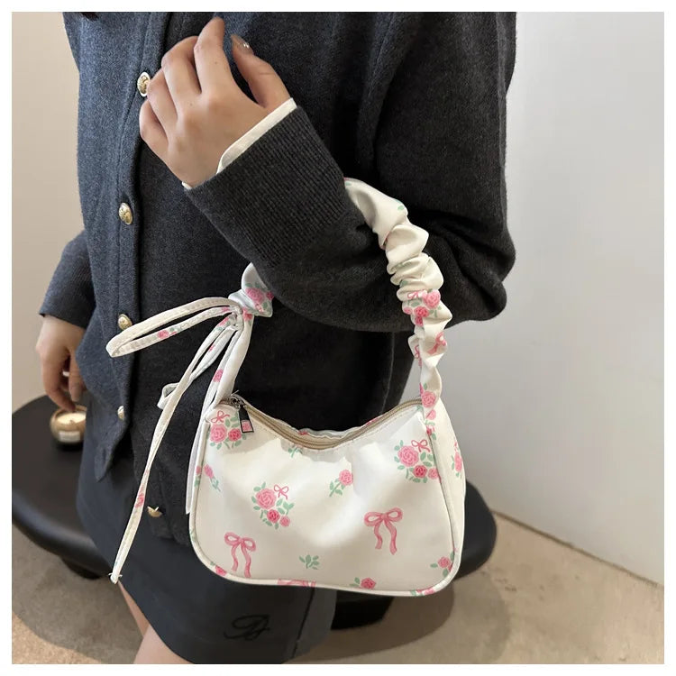 Bolsas femininas nova doce impressão bolsas de lona coreano floral arco impresso zíper sacola feminina pequena bolsa de ombro
