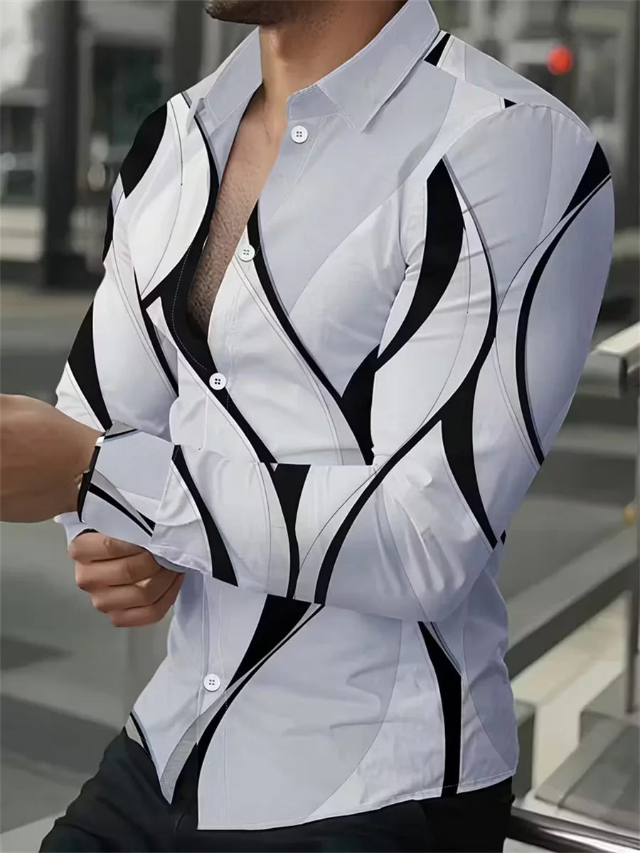 Camisa masculina de manga comprida com design de estampa de linha geométrica preta e dourada, blusa cardigã casual elegante, tecido confortável.