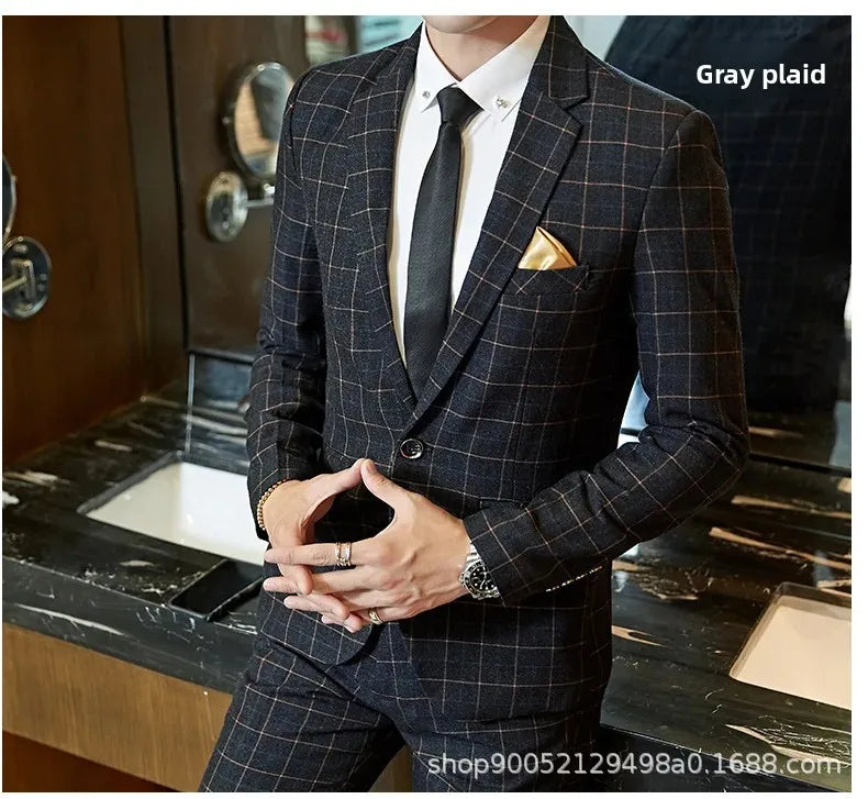 Terno de casamento xadrez fino ajuste masculino jaqueta estilo coreano negócios casual terno único breasted com conjunto de padrinhos de casamento wear