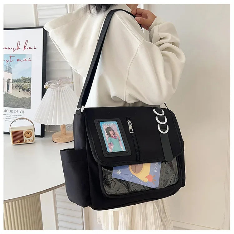 Y2k japonês harajuku sacos de escola para meninas novo transparente itabag ombro crossbody saco diy emblemas placa exibição ita saco