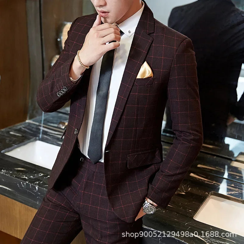Terno de casamento xadrez fino ajuste masculino jaqueta estilo coreano negócios casual terno único breasted com conjunto de padrinhos de casamento wear
