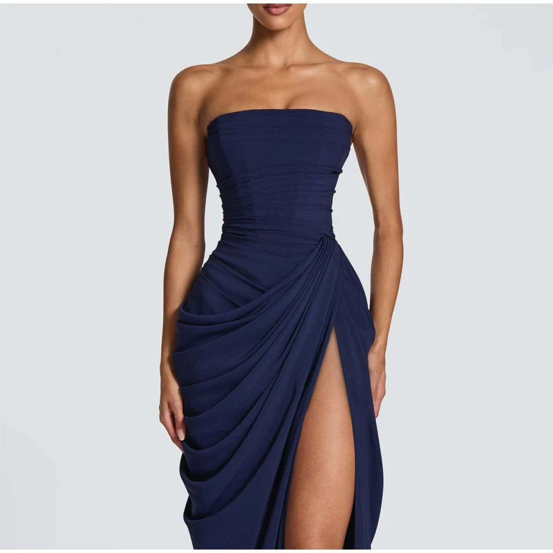 Vestido Elegante Amarelo Plissado Sem Alças para Mulheres, Chique, Sem Mangas, com Cintura Marcada e Fenda, Vestido Longo para Festas Noturnas Femininas 2026