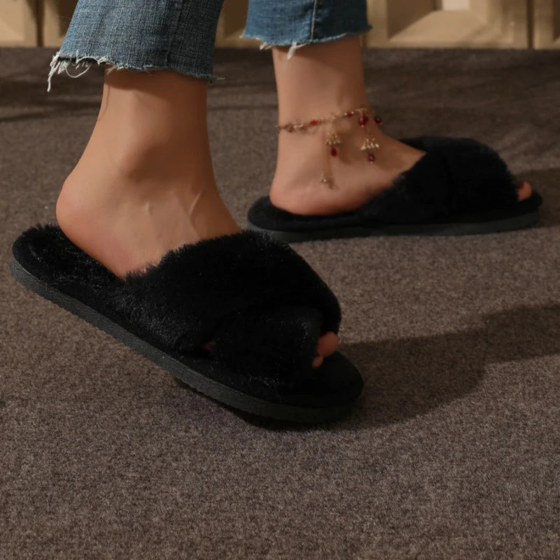 Cruz quente fofo chinelos peludos feminino leve saltos planos slides de pele mulher outono inverno dedo do pé aberto antiderrapante sapatos de chão para casa