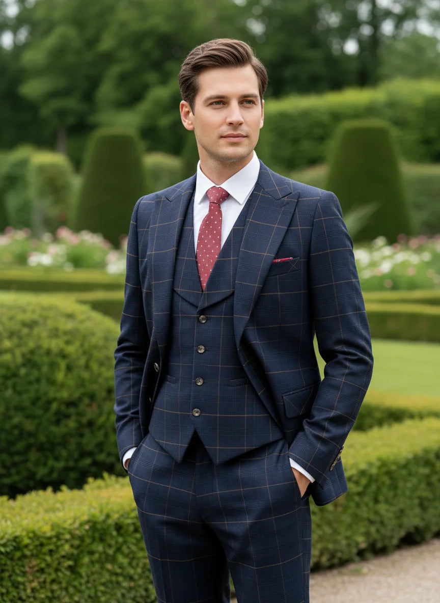 Conjunto de terno xadrez de 3 peças, azul escuro, elegante, para negócios, escritório, casamento, traje formal, elegante, completo, para jantar.