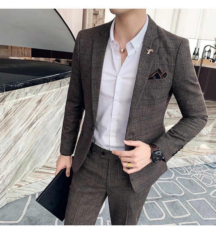 Terno de negócios fino ajuste masculino alta qualidade boutique moda conjunto de duas peças bonito tendência banquete quatro estações calças incluídas