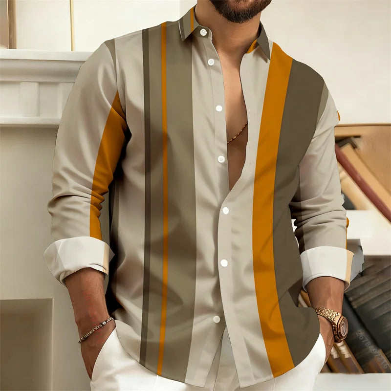 Camisa masculina listrada de manga comprida com bloqueio de cores, camisa casual de negócios estilo retrô, top moderno masculino slim fit, tamanhos S-6XL