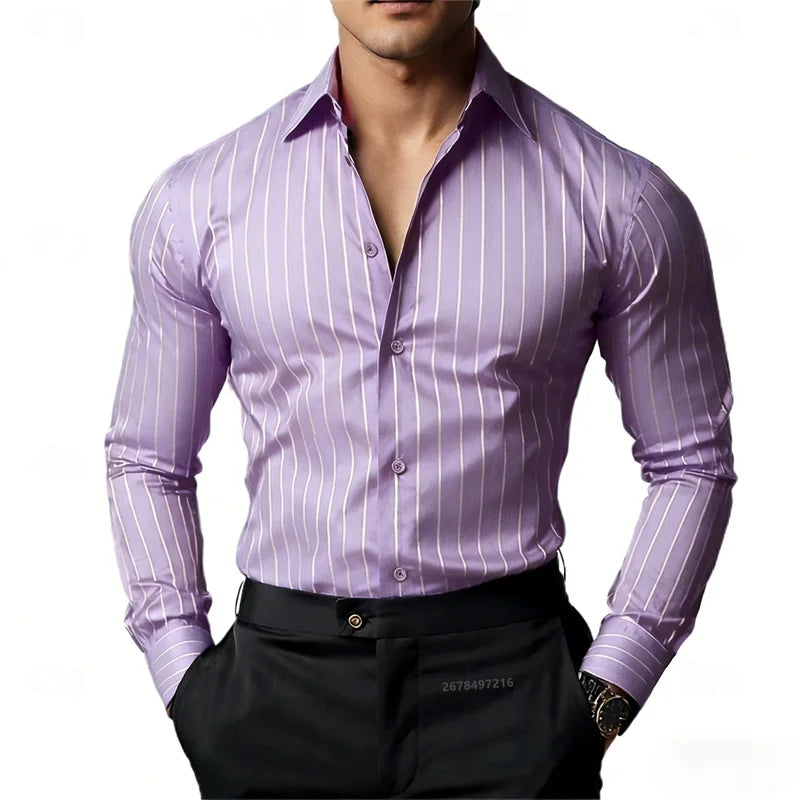 Camisa masculina listrada de manga comprida, business casual, versátil, com gola lapela e design de botão, disponível em 19 cores.