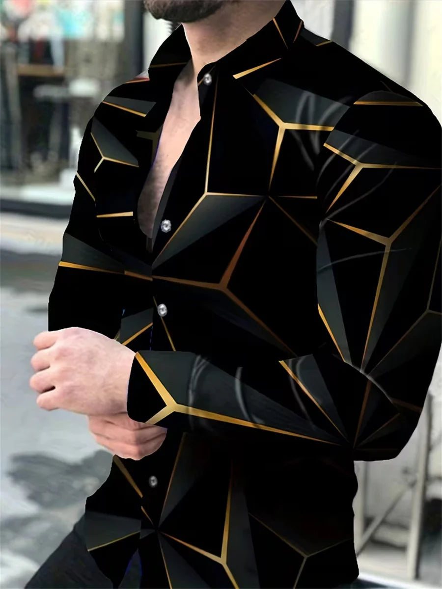 Camisa masculina de manga comprida com design de estampa de linha geométrica preta e dourada, blusa cardigã casual elegante, tecido confortável.