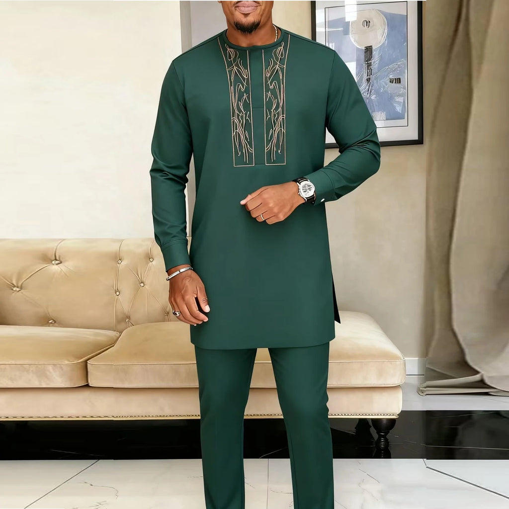 Traje Masculino Africano com Bordado Temos, Conjunto de Duas Peças, Calça Longa, Estilo Étnico Casual, Traje de Casamento, Terno para Noivos.