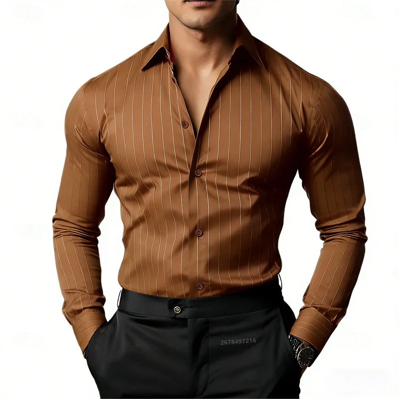 Camisa masculina listrada de manga comprida, business casual, versátil, com gola lapela e design de botão, disponível em 19 cores.