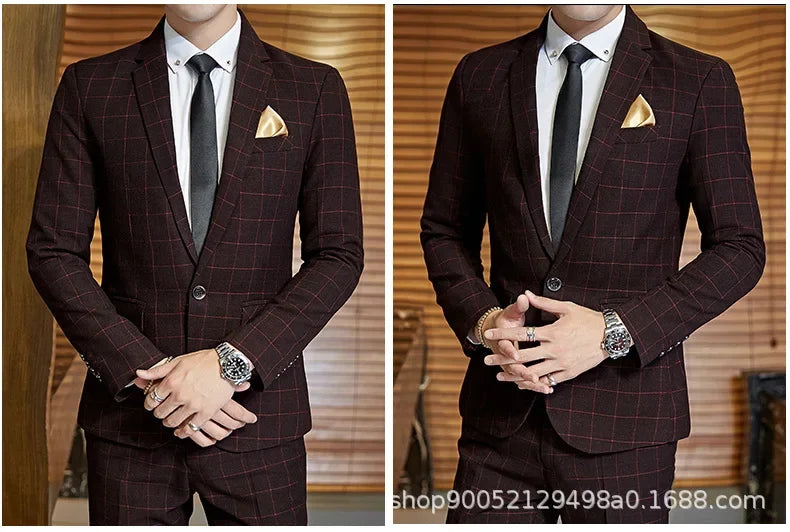 Terno de casamento xadrez fino ajuste masculino jaqueta estilo coreano negócios casual terno único breasted com conjunto de padrinhos de casamento wear