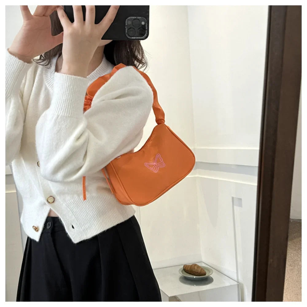 Bordado bowknot borboleta bolsa de ombro y2k-estilo plissado alça náilon arco sacola maquiagem batom bolsa nova