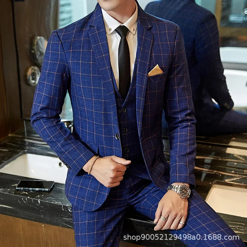Terno de casamento xadrez fino ajuste masculino jaqueta estilo coreano negócios casual terno único breasted com conjunto de padrinhos de casamento wear