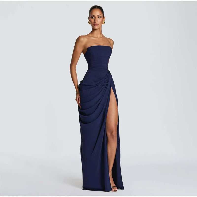 Vestido Elegante Amarelo Plissado Sem Alças para Mulheres, Chique, Sem Mangas, com Cintura Marcada e Fenda, Vestido Longo para Festas Noturnas Femininas 2026
