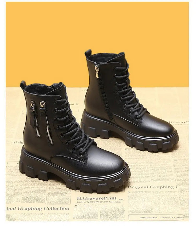 Botas 2025 novo estilo coreano forrado de lã outono inverno sapatos de algodão de alta qualidade botas femininas salto alto meados de bezerro bootsins