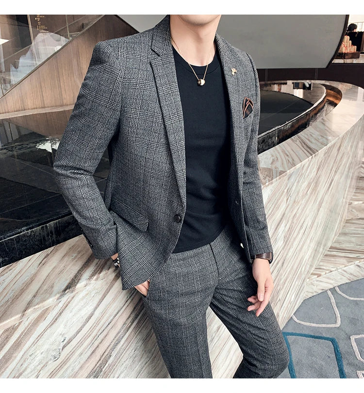 Terno de negócios fino ajuste masculino alta qualidade boutique moda conjunto de duas peças bonito tendência banquete quatro estações calças incluídas