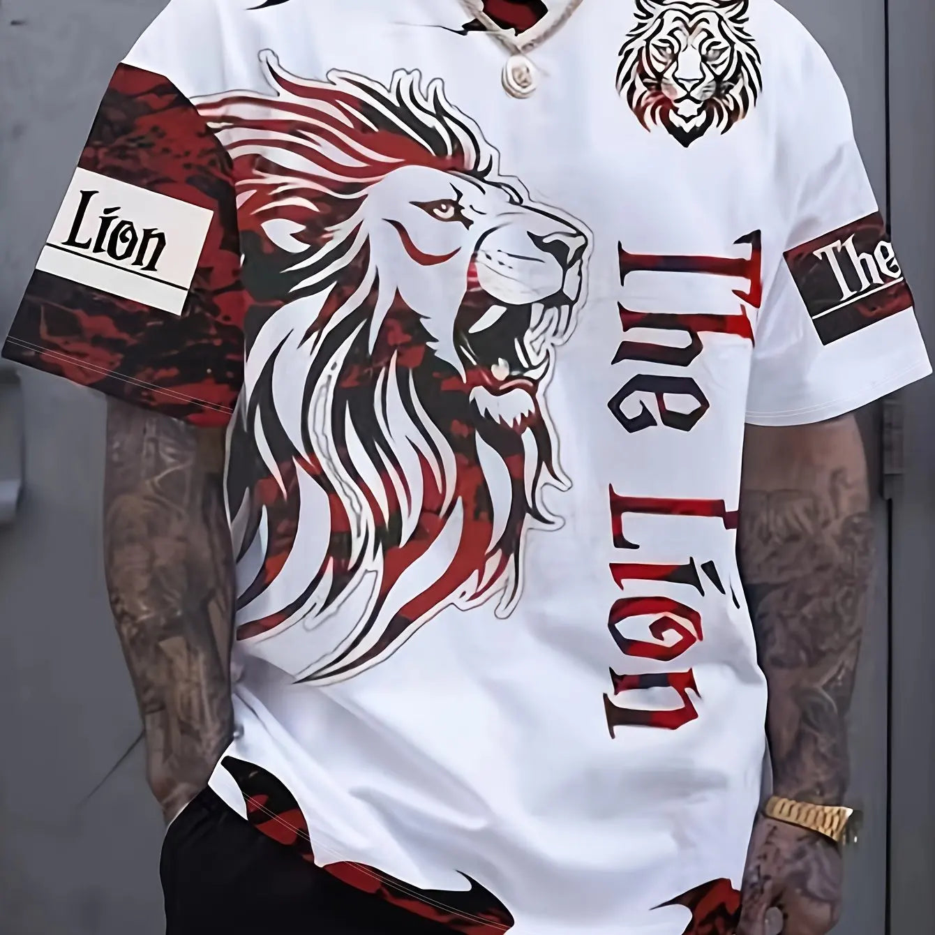 Camiseta masculina de manga curta gola redonda, leão e coroa legal impressão gráfica 3D, novidade, verão ao ar livre