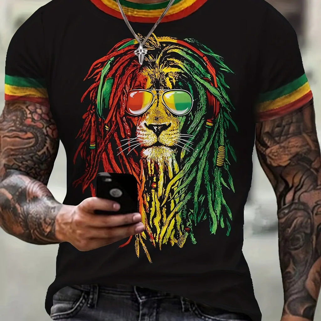 Camiseta masculina de manga curta gola redonda, leão e coroa legal impressão gráfica 3D, novidade, verão ao ar livre