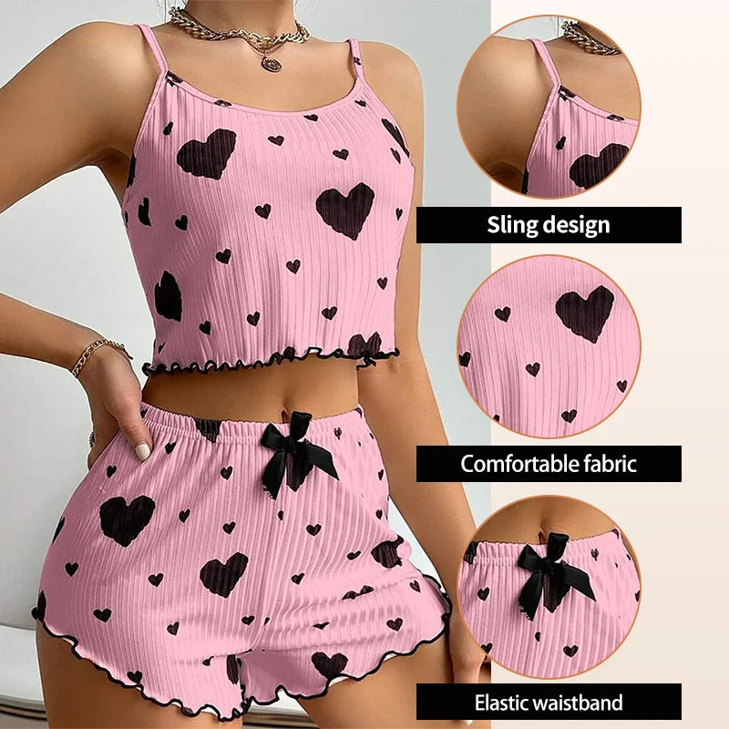 Conjunto de pijamas femininos pijamas 2 peças regata curta e shorts s m l branco ventilar macio casual amor impressão