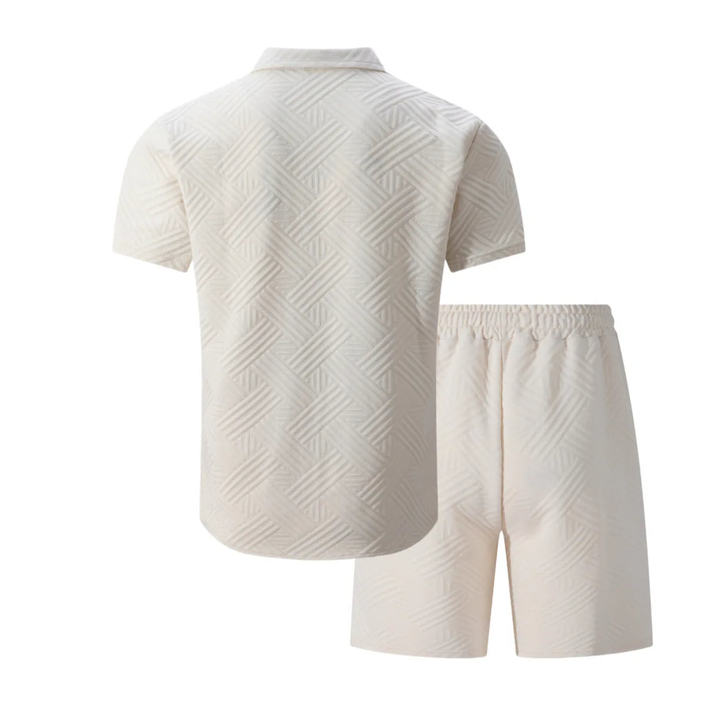 Conjunto Casual Masculino de Verão 2026: Camisa de Manga Curta com Gola Lapela em Tricô Waffle Jacquard de Cor Sólida e Shorts - Lançamento Quente!