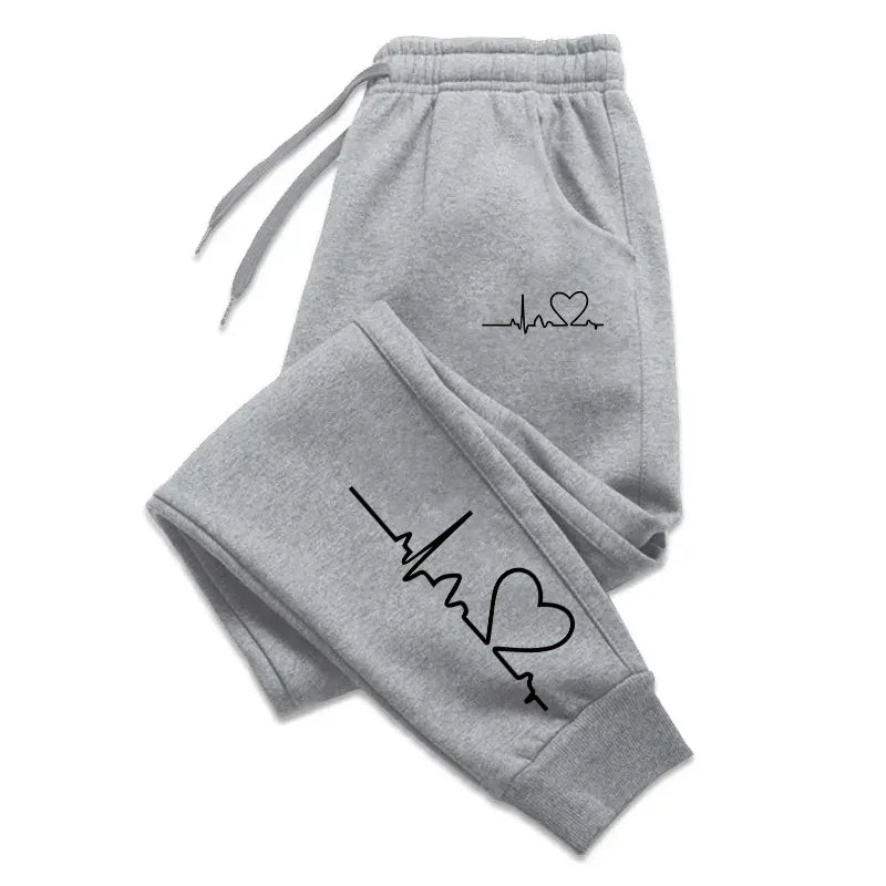 Calça de moletom feminina com estampa de coração, casual, de alta qualidade, fitness, moda, baggy, quente, esporte de rua, corrida, uso diário