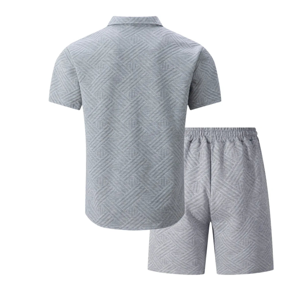 Conjunto Casual Masculino de Verão 2026: Camisa de Manga Curta com Gola Lapela em Tricô Waffle Jacquard de Cor Sólida e Shorts - Lançamento Quente!