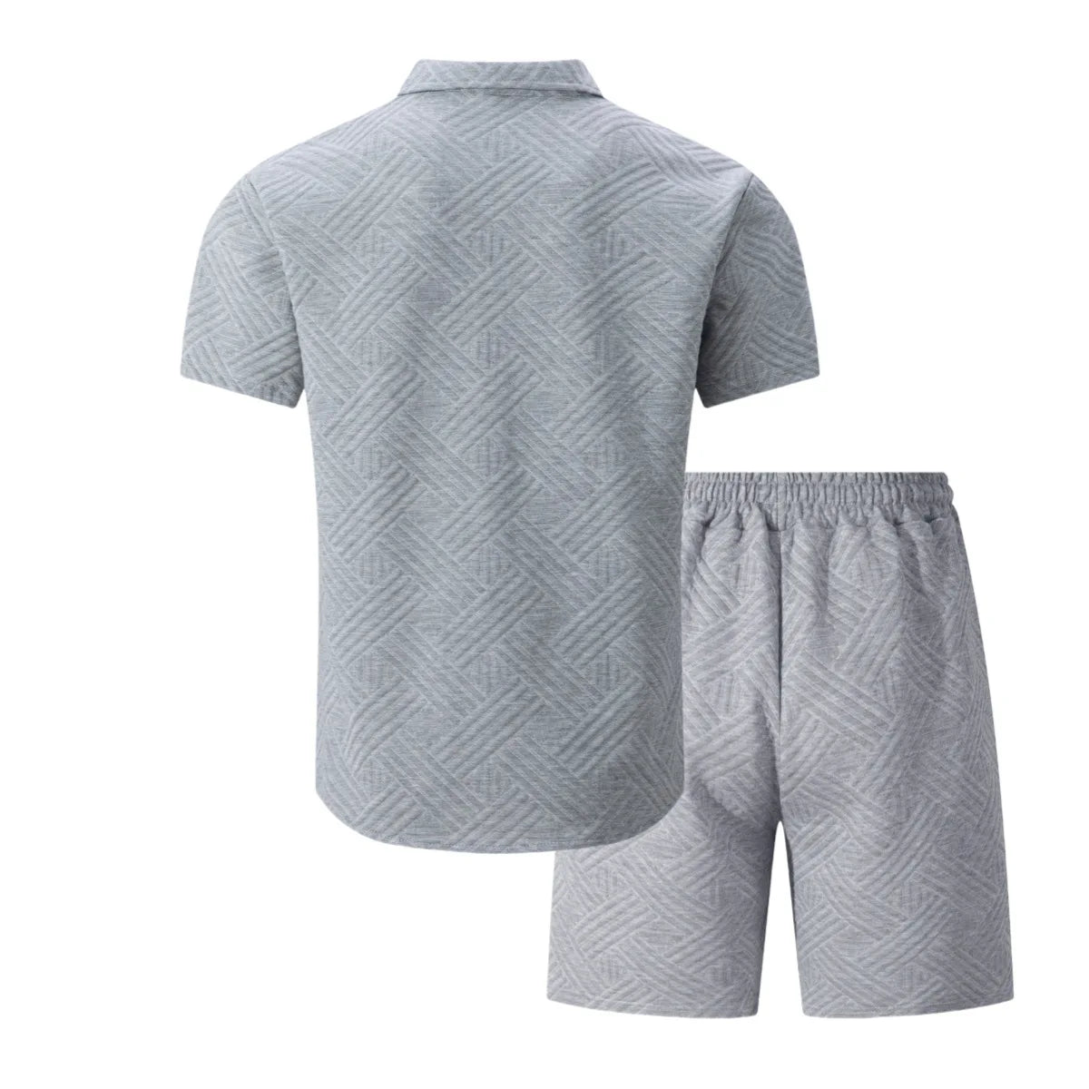 Conjunto Casual Masculino de Verão 2026: Camisa de Manga Curta com Gola Lapela em Tricô Waffle Jacquard de Cor Sólida e Shorts - Lançamento Quente!