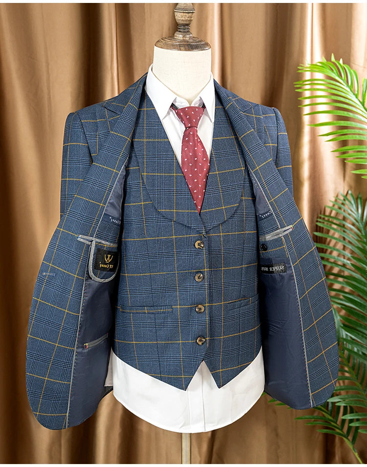 Conjunto de terno xadrez de 3 peças, azul escuro, elegante, para negócios, escritório, casamento, traje formal, elegante, completo, para jantar.
