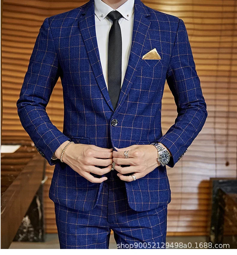 Terno de casamento xadrez fino ajuste masculino jaqueta estilo coreano negócios casual terno único breasted com conjunto de padrinhos de casamento wear