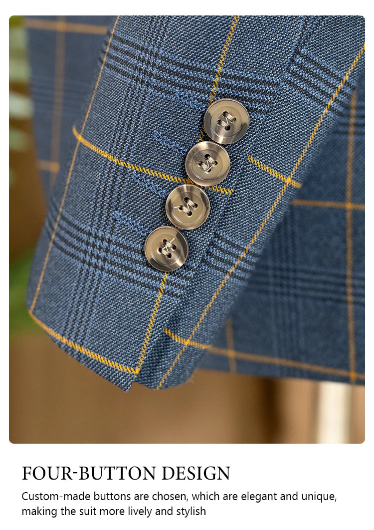 Conjunto de terno xadrez de 3 peças, azul escuro, elegante, para negócios, escritório, casamento, traje formal, elegante, completo, para jantar.