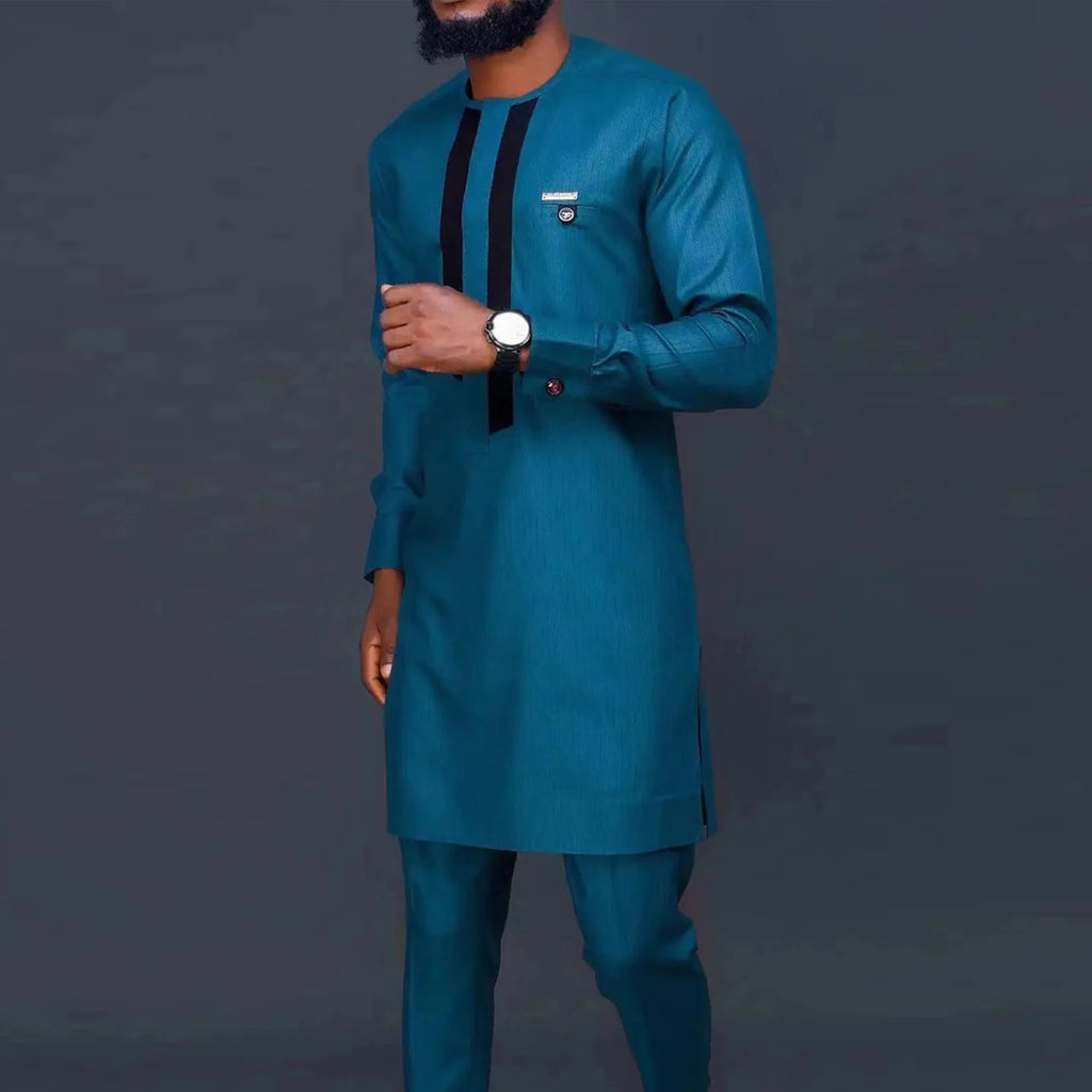 Traje Masculino Africano com Bordado Temos, Conjunto de Duas Peças, Calça Longa, Estilo Étnico Casual, Traje de Casamento, Terno para Noivos.