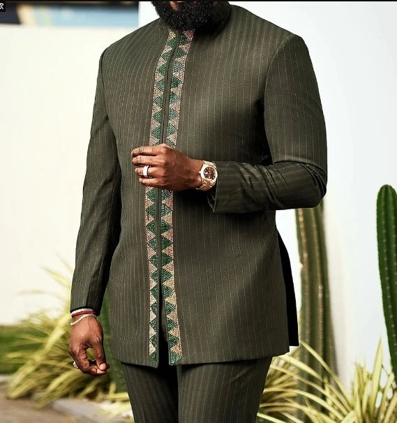 Traje Masculino Africano com Bordado Temos, Conjunto de Duas Peças, Calça Longa, Estilo Étnico Casual, Traje de Casamento, Terno para Noivos.