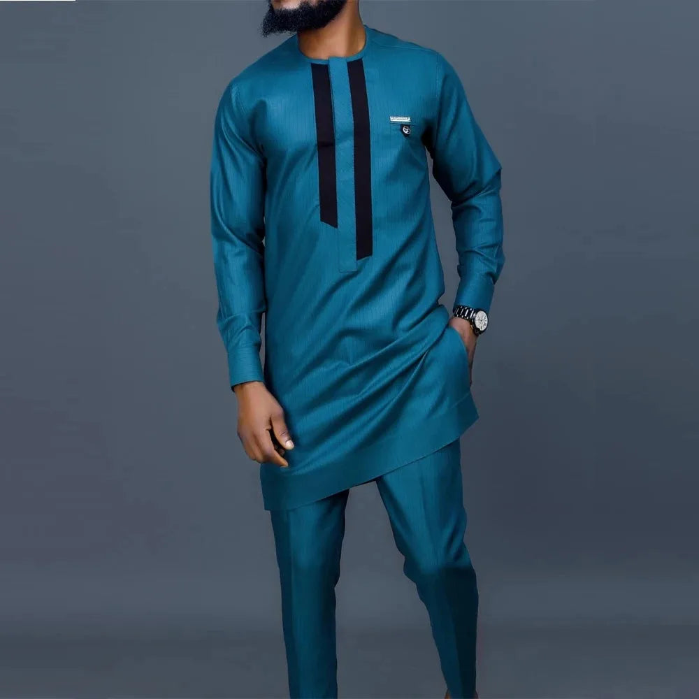Traje Masculino Africano com Bordado Temos, Conjunto de Duas Peças, Calça Longa, Estilo Étnico Casual, Traje de Casamento, Terno para Noivos.