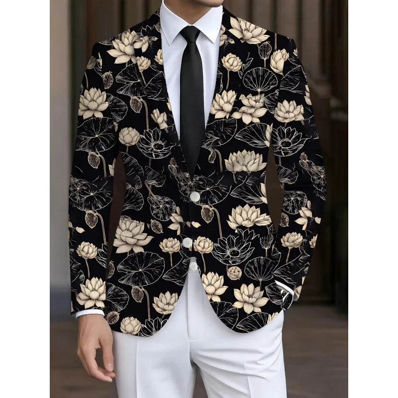 Traje Masculino Estampado com Padrão Lótus 2026, Estilo Retrô Moderno, Estampa Total, Perfeito para Festas ao Ar Livre