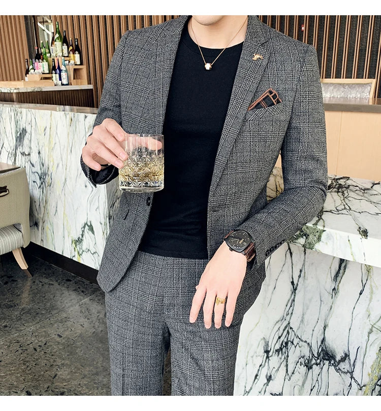 Terno de negócios fino ajuste masculino alta qualidade boutique moda conjunto de duas peças bonito tendência banquete quatro estações calças incluídas