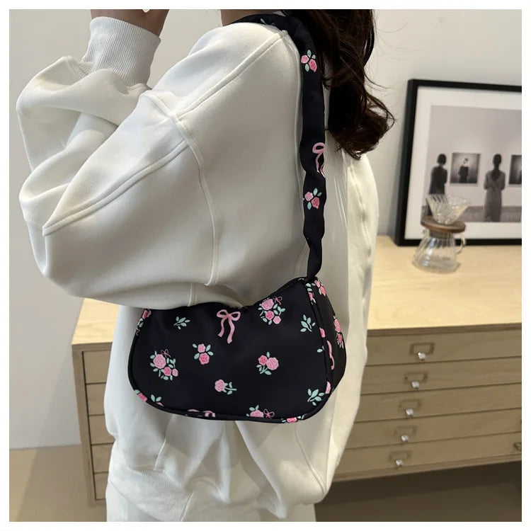 Bolsas femininas nova doce impressão bolsas de lona coreano floral arco impresso zíper sacola feminina pequena bolsa de ombro