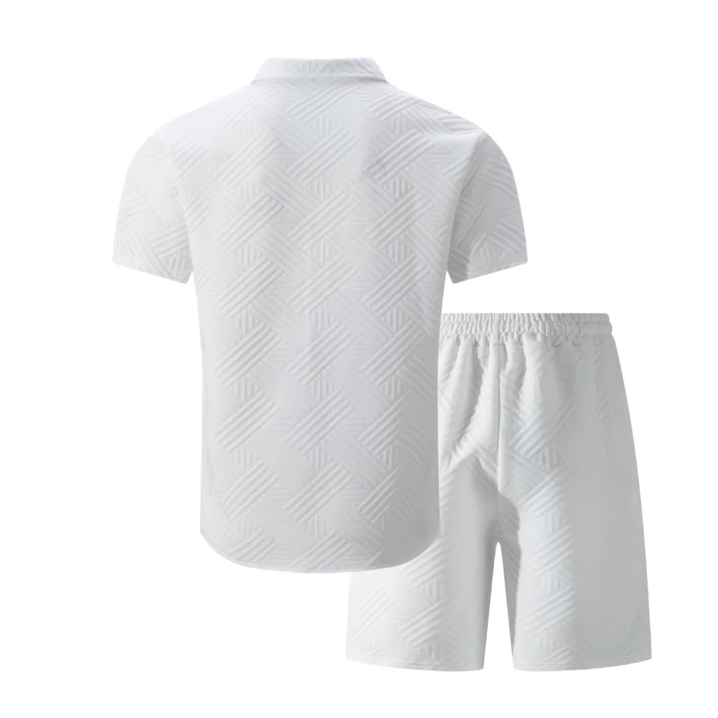 Conjunto Casual Masculino de Verão 2026: Camisa de Manga Curta com Gola Lapela em Tricô Waffle Jacquard de Cor Sólida e Shorts - Lançamento Quente!
