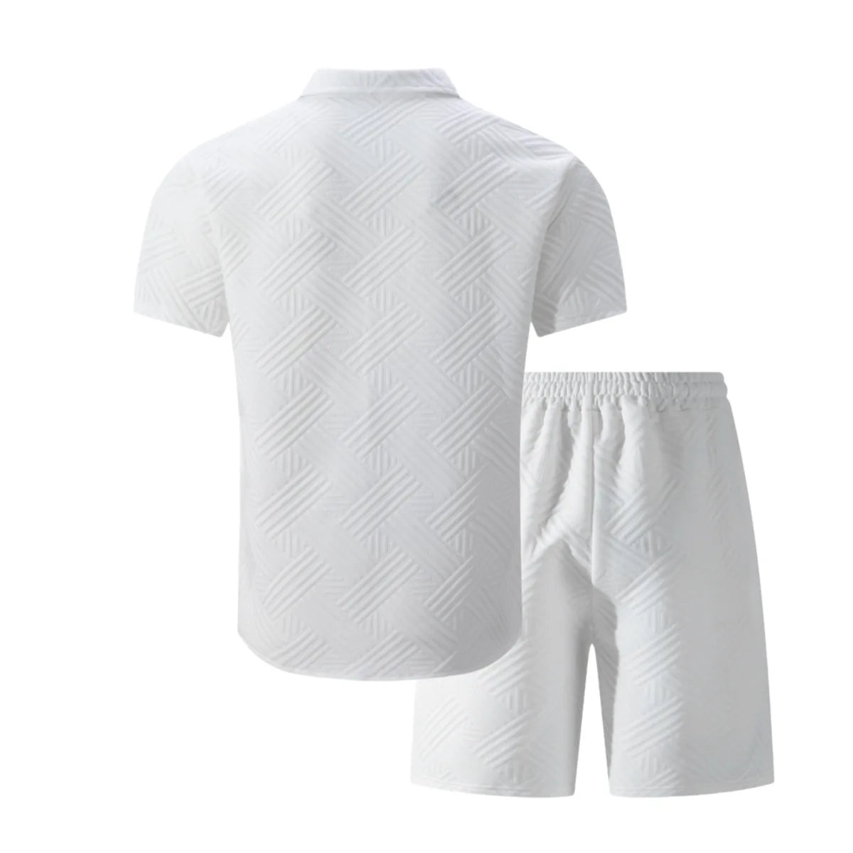 Conjunto Casual Masculino de Verão 2026: Camisa de Manga Curta com Gola Lapela em Tricô Waffle Jacquard de Cor Sólida e Shorts - Lançamento Quente!