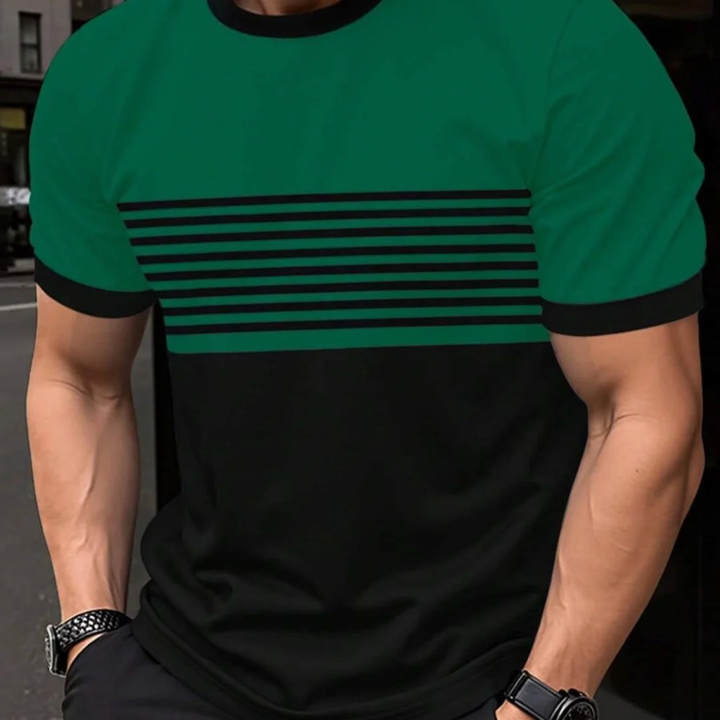 Camiseta de grandes dimensões masculina t camisa verão moda casual em torno do pescoço manga curta topo listrado impresso roupas masculinas camiseta