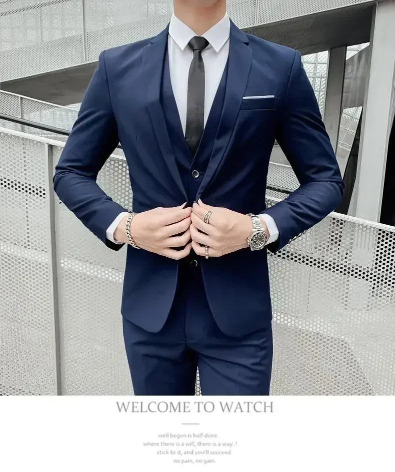 Terno (blazer + colete + calças) moda masculina negócios ao ar livre tendência cor sólida casual fino-ajuste casamento anfitrião cavalheiro terno 6xl