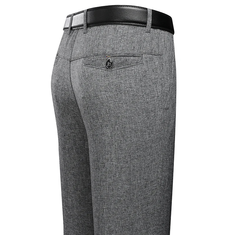 Calças masculinas negócios calças casuais verão outono vestido calças retas elástico preto cinza solto calças formais