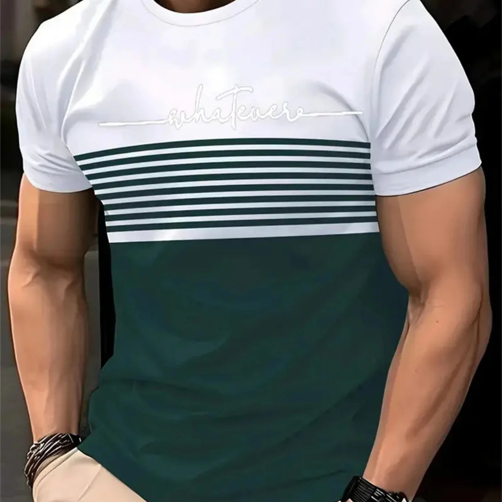Camiseta de grandes dimensões masculina t camisa verão moda casual em torno do pescoço manga curta topo listrado impresso roupas masculinas camiseta