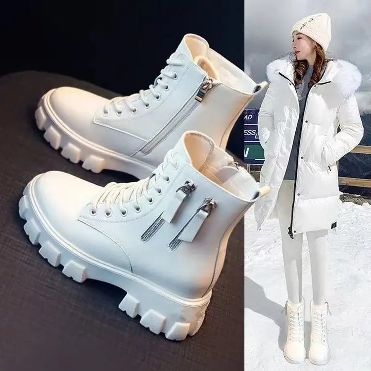Botas 2025 novo estilo coreano forrado de lã outono inverno sapatos de algodão de alta qualidade botas femininas salto alto meados de bezerro bootsins