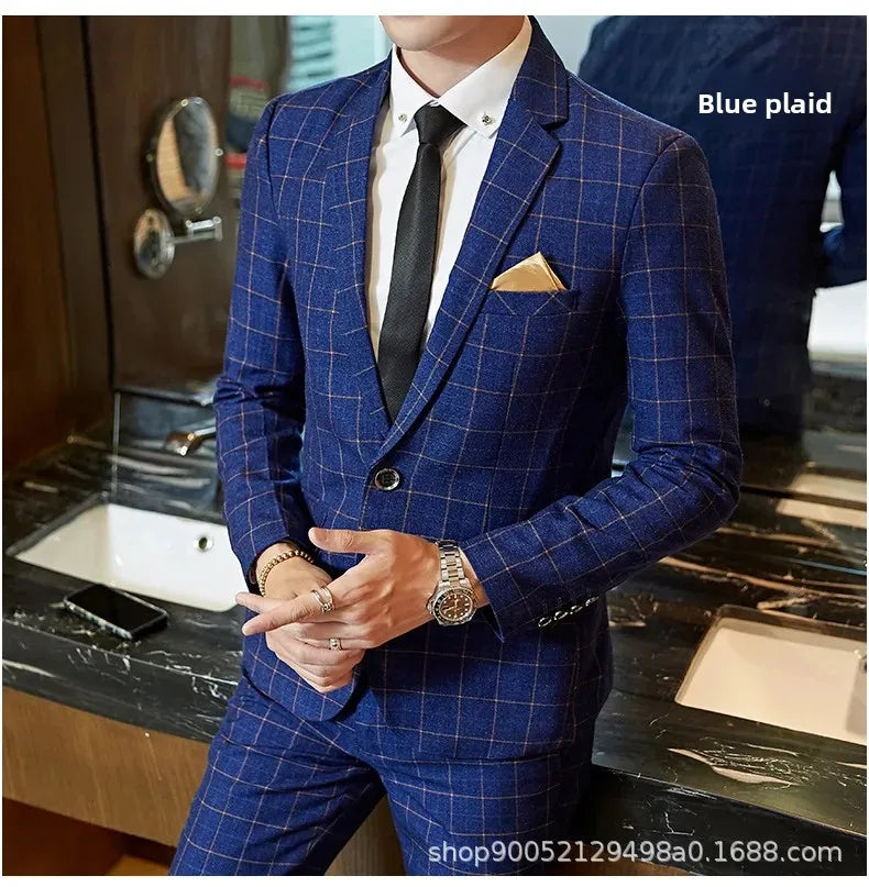 Terno de casamento xadrez fino ajuste masculino jaqueta estilo coreano negócios casual terno único breasted com conjunto de padrinhos de casamento wear