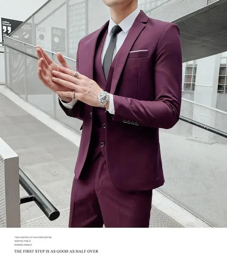 Terno (blazer + colete + calças) moda masculina negócios ao ar livre tendência cor sólida casual fino-ajuste casamento anfitrião cavalheiro terno 6xl