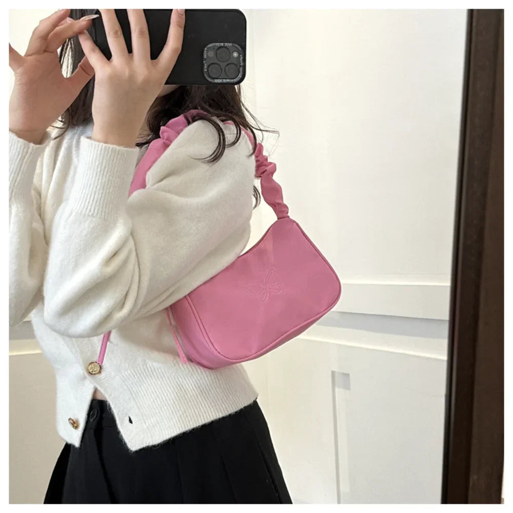 Bordado bowknot borboleta bolsa de ombro y2k-estilo plissado alça náilon arco sacola maquiagem batom bolsa nova