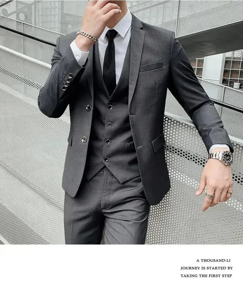 Terno (blazer + colete + calças) moda masculina negócios ao ar livre tendência cor sólida casual fino-ajuste casamento anfitrião cavalheiro terno 6xl