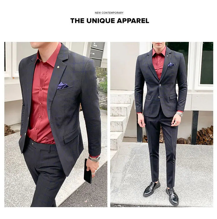 Terno de negócios fino ajuste masculino alta qualidade boutique moda conjunto de duas peças bonito tendência banquete quatro estações calças incluídas