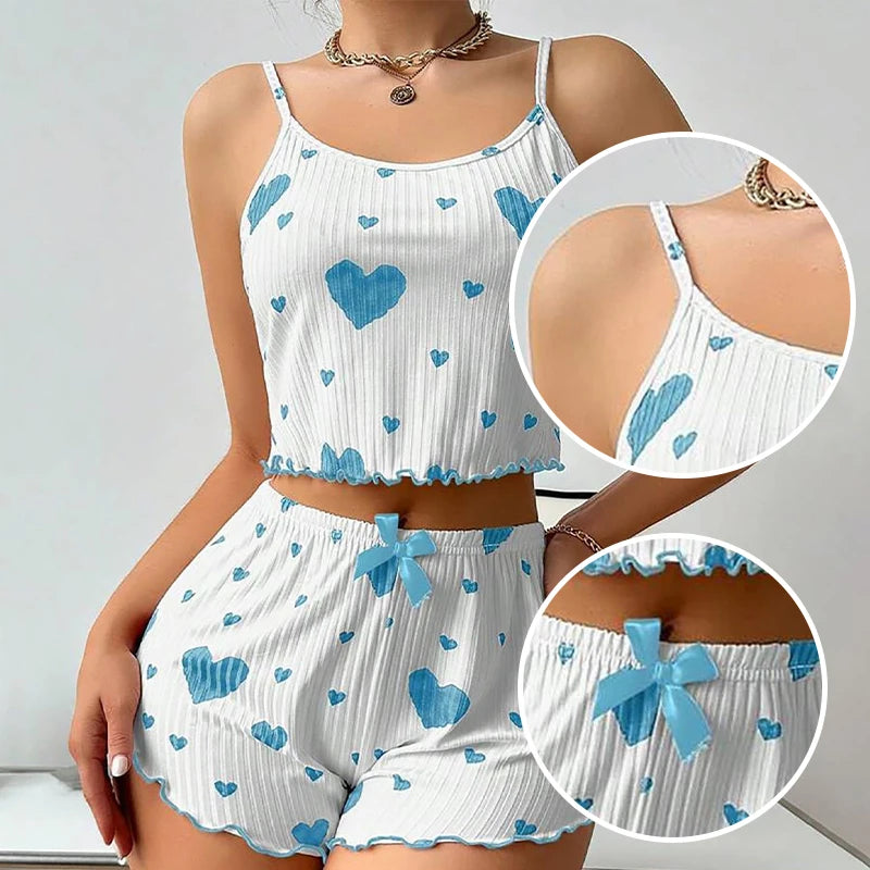 Conjunto de pijamas femininos pijamas 2 peças regata curta e shorts s m l branco ventilar macio casual amor impressão