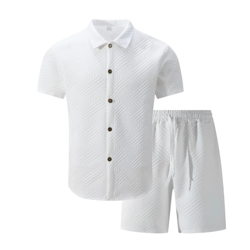 Conjunto Casual Masculino de Verão 2026: Camisa de Manga Curta com Gola Lapela em Tricô Waffle Jacquard de Cor Sólida e Shorts - Lançamento Quente!